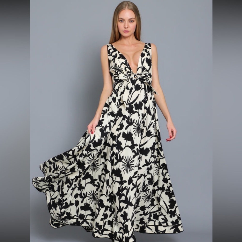 Aakaa Ballagio Black Floral Deep Plunge Maxi Dress - Picture 2 of 15